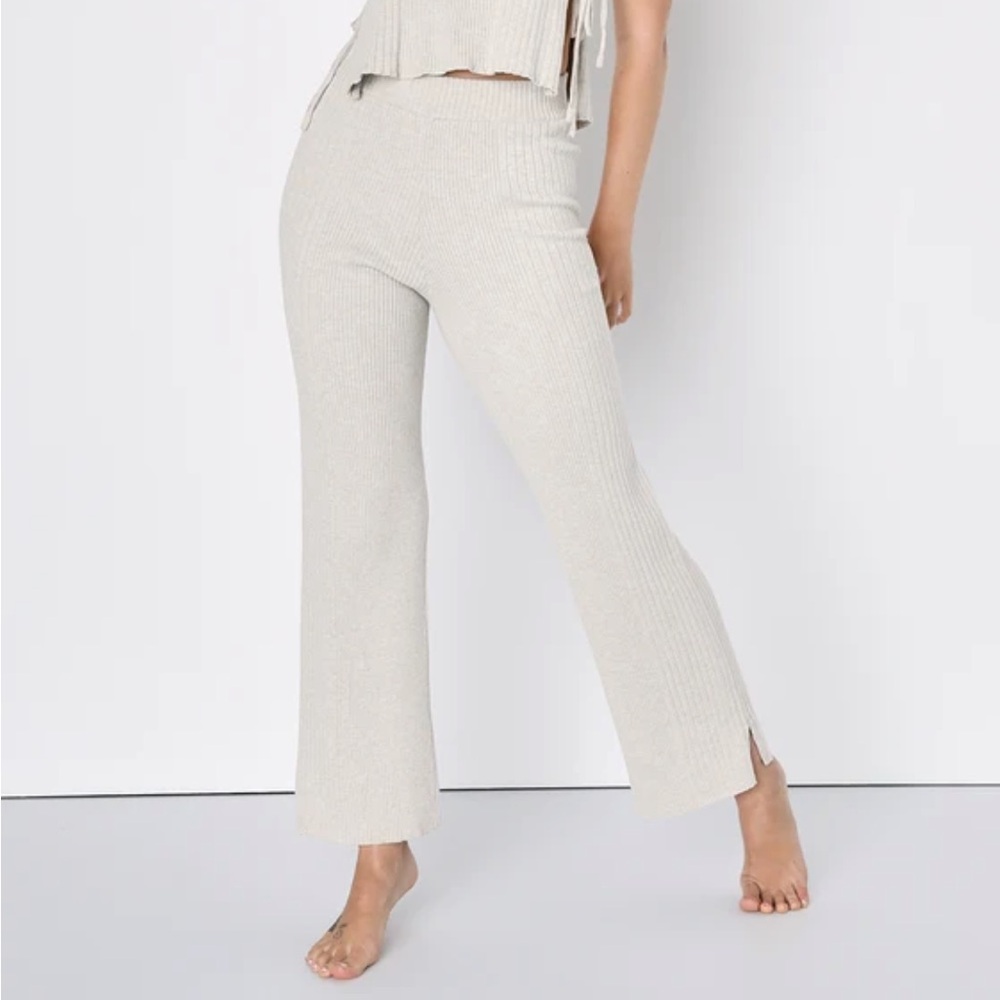 Lulus Warmest Dreams Beige Ribbed Knit Wide-Leg Lounge Pants